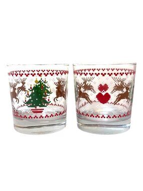Vintage 80's Christmas Retro Glass Tumblers Set of 2 Cross Stich Reindeer Christ